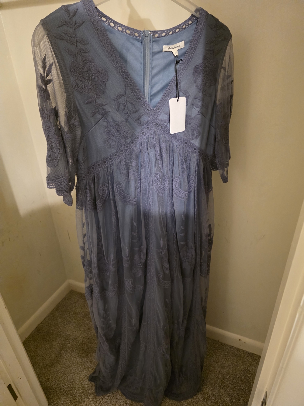 Chantelle Dusty Blue Embroidered V-Neck Maxi Dress